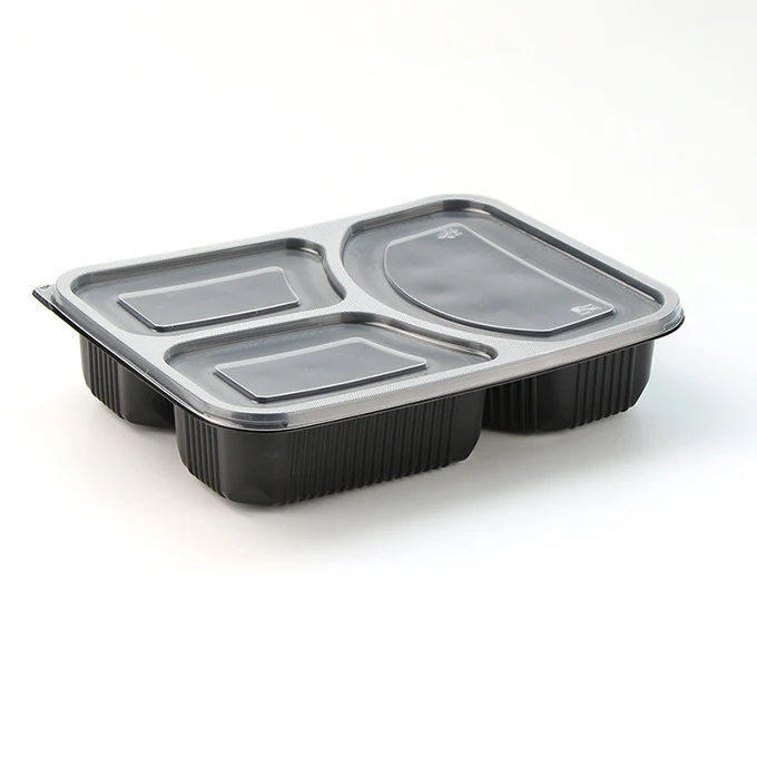 Eco Friendly Black Heavy Weight Microwave Disposable Food Bento Boxes Take Away 3 Compartment Lunch Boxes With Clear Lid