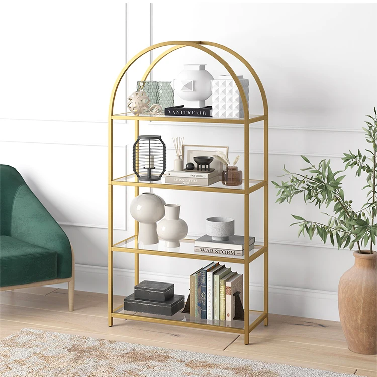 Living Room Office Simple Design Gold Black Iron Glass Arched Bookshelf Floor Standing Bookcase Shelf 5-Tier Bookcase