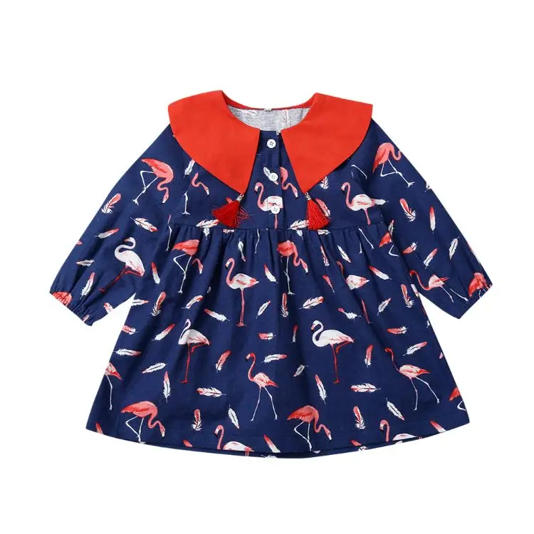 
Fast shipping autumn one-piece peter pan collar child dresses blue long sleeve children wears girl dress with print 