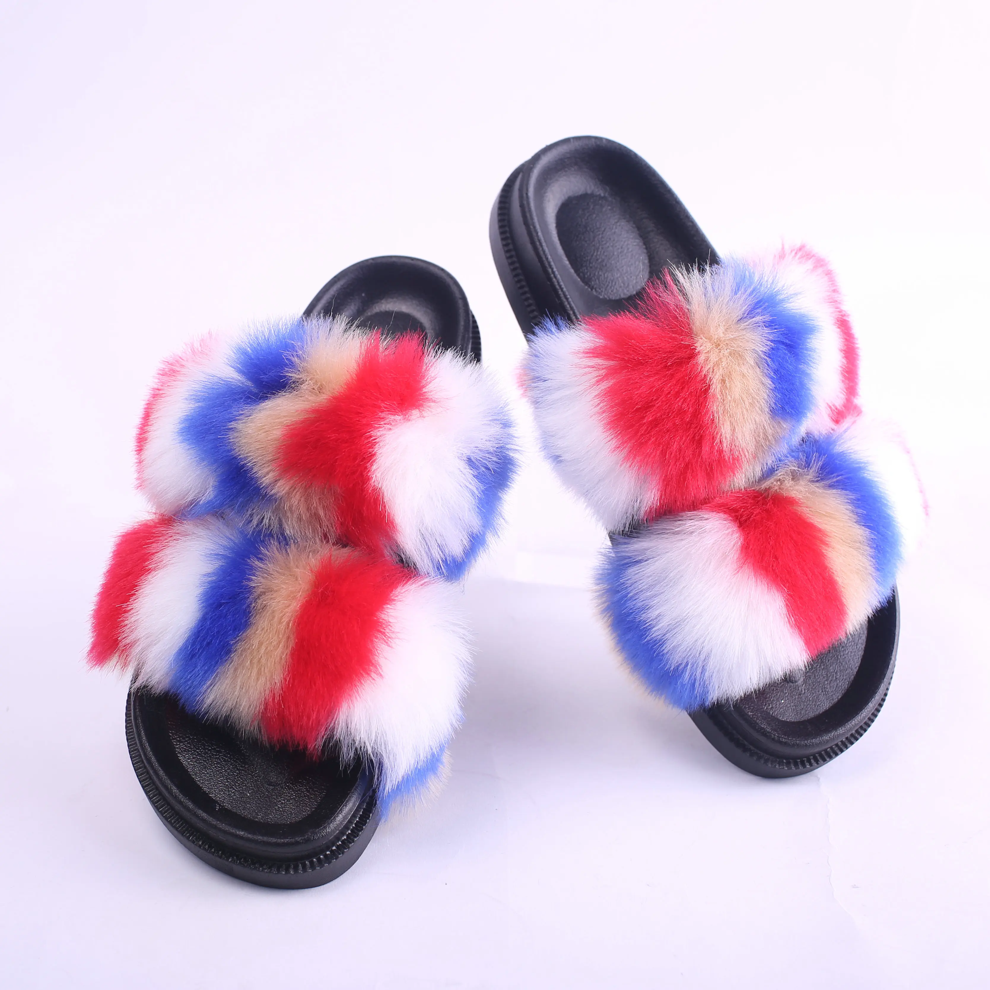 two strap house fluffy fur womens slippers 2023 Soft Furry Sandals Faux Double Strap Fur Slides