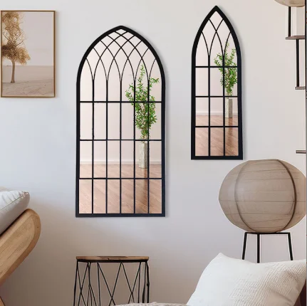 High Quality Large Arch Mirror Antique Vintage Rust Proof Garden Wall Mirror Black Metal Framed Outdoor Mirrors