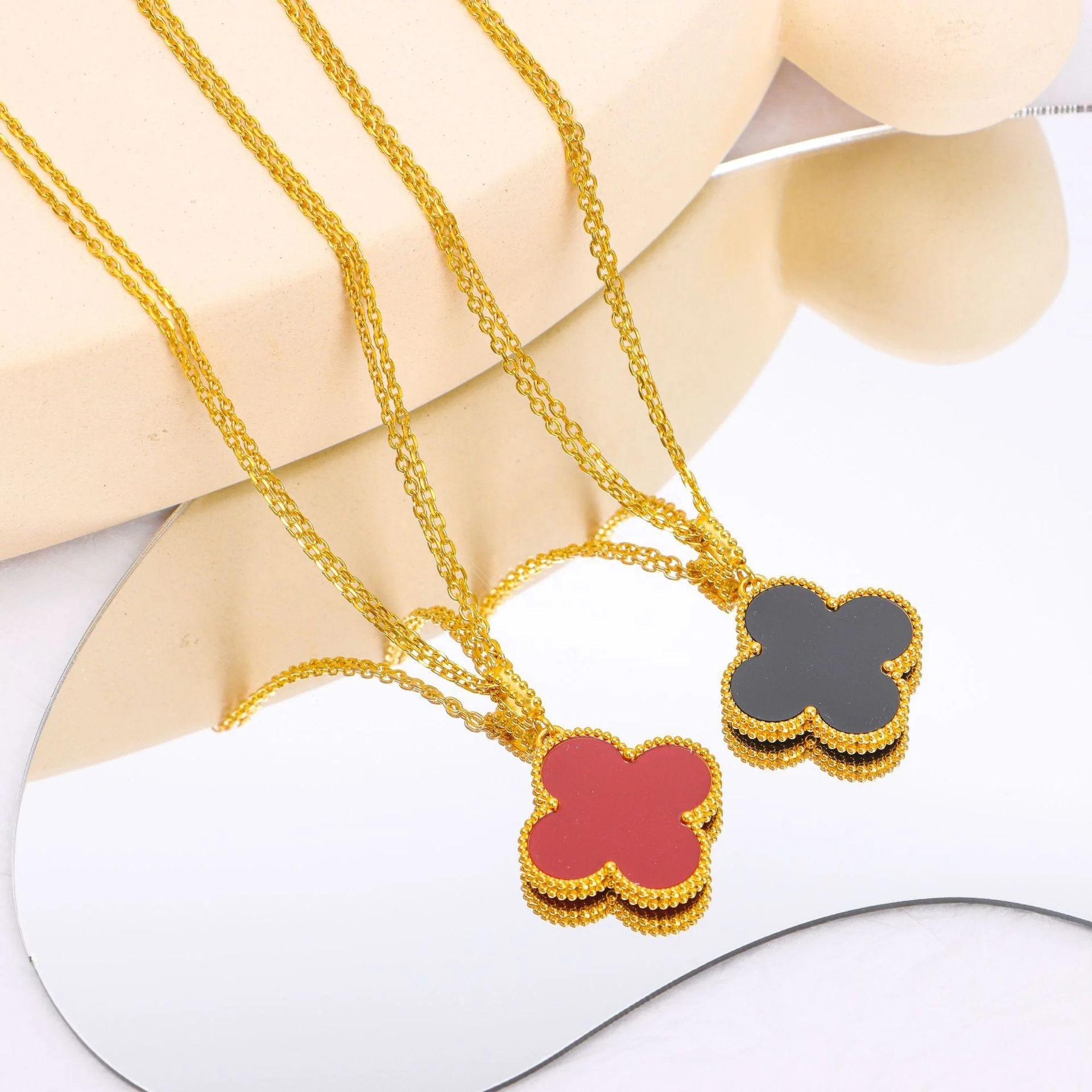 Dr.Jewelry non-tarnished Stainless Steel Double-side Natural Shell 26mm Flower Four-leaf Clover Necklace for Her Gift Jewelry