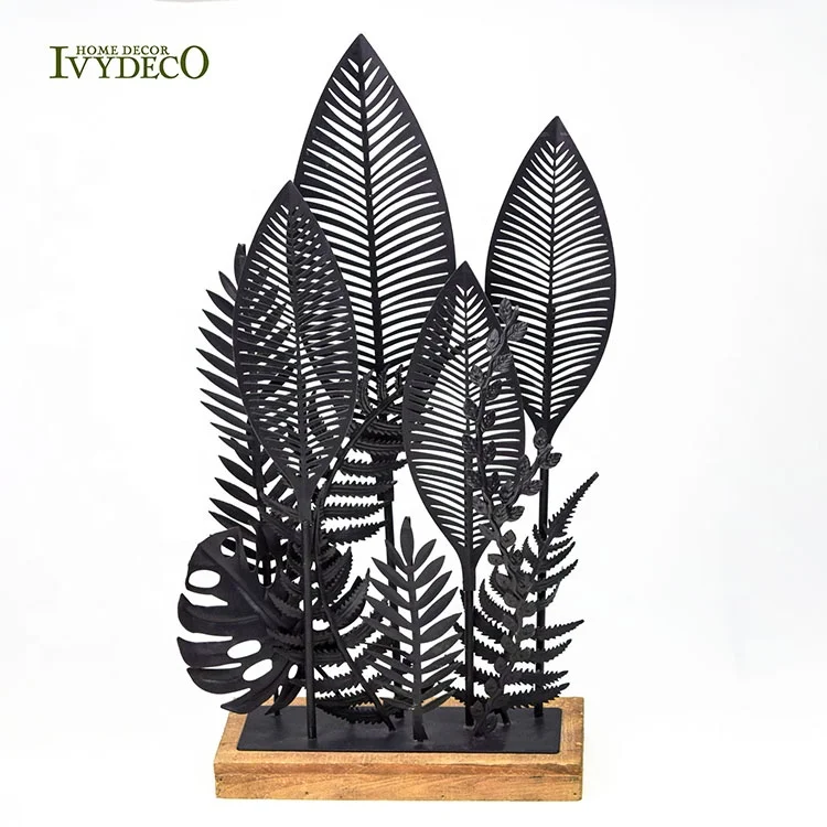 IVDECO лазерная резка черных 3D металлических листьев, деревянное основание, настольные украшения для дома
