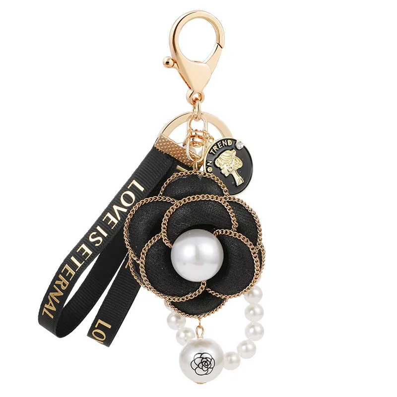 Super Alloy Personality Key Ring Pearl Tassel Pendant Korean Plush Camellia Key Chain for Lady (KC389C)