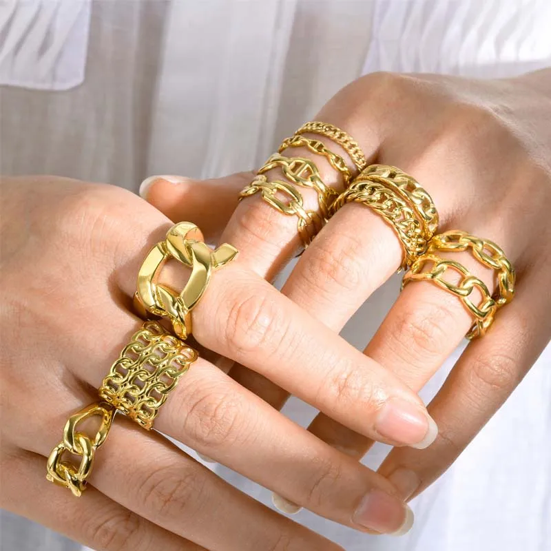 New arrival 18k Gold Plated Stainless Steel Statement Chain Ring Open Ring Adjustable Skeleton Finger Rings for women