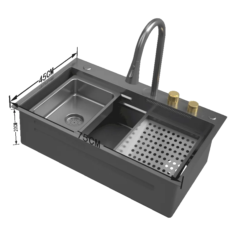 New design DQOK flying rain brass Gun Grey 3-Hole Waterfall pull-down kitchen mixer faucet with stainless steel sink