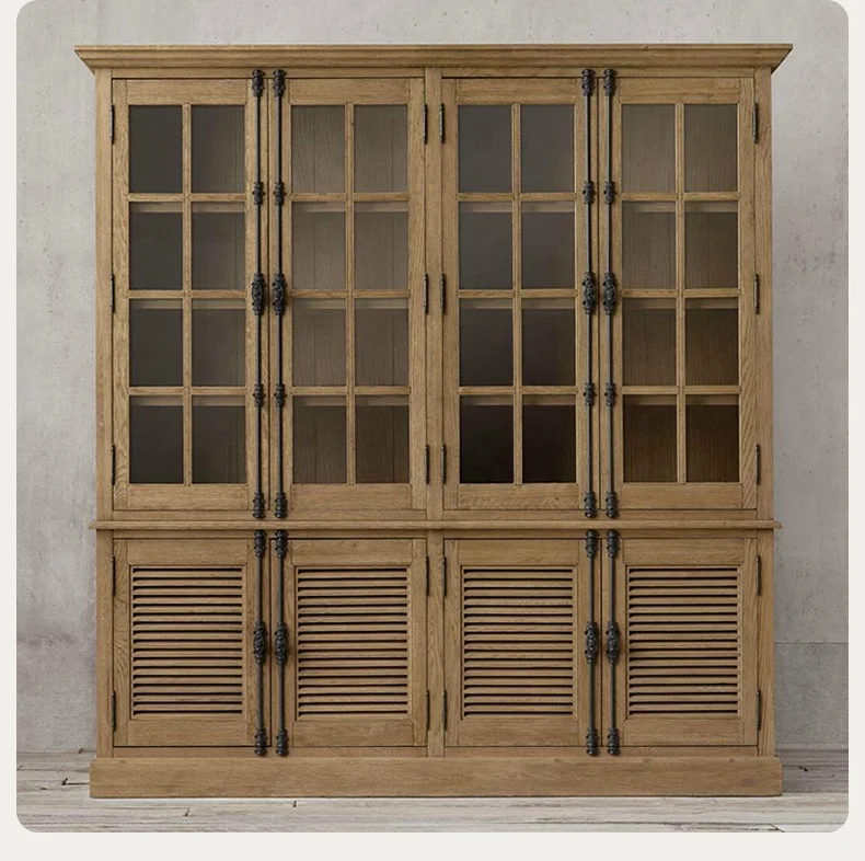 American Rural RH Solid Wood Vintage Restaurant Tableware Cabinet Glass Door Porcelain Cabinet