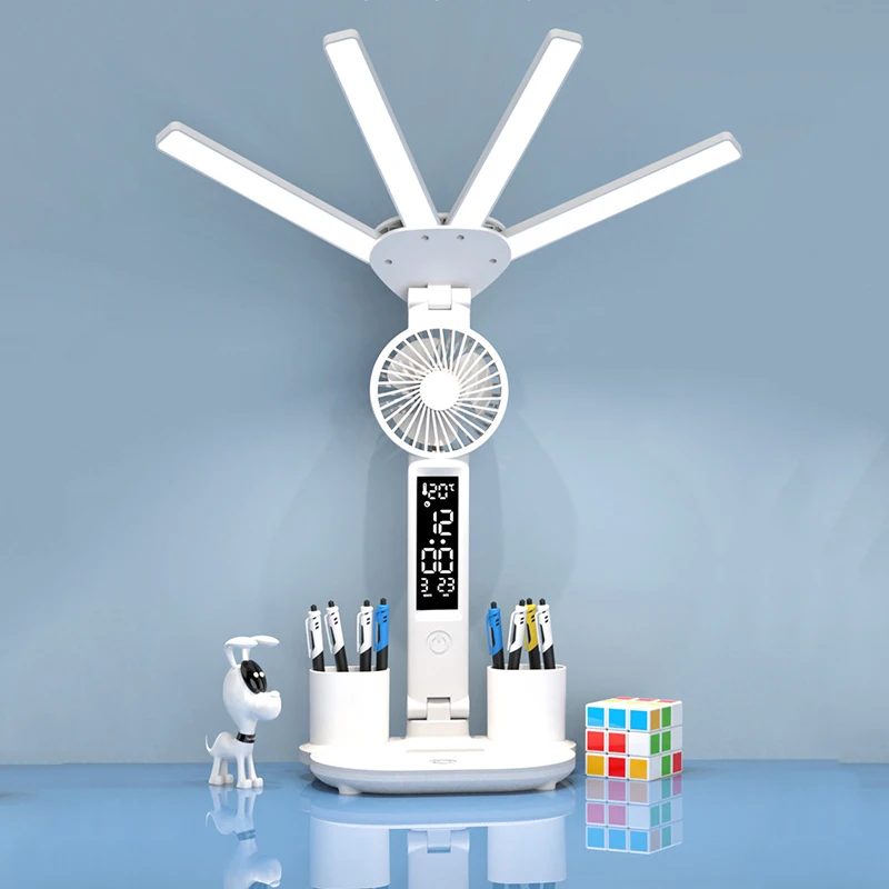 3in1 Multifunction Table Lamp LED Four-headed Folding With Fan Calendar Clock USB Rechargeable Desk light 3 color Reading Lamp