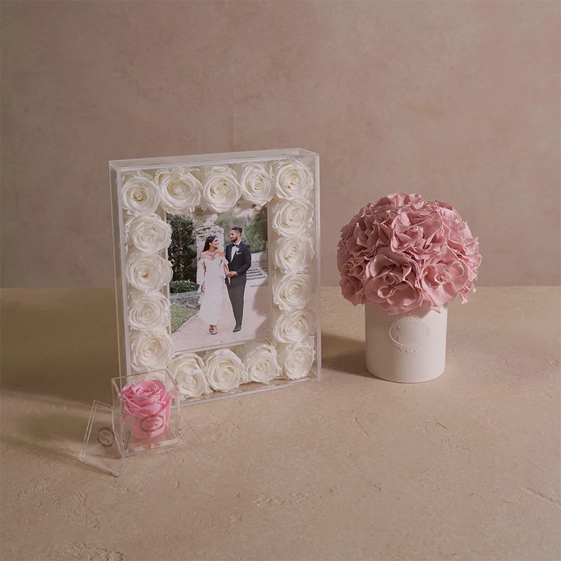 Pink White Dried Flowers Frame Enchanted Forever Eternal Preserved Rose Flower Frame Photo Frame with Flowers