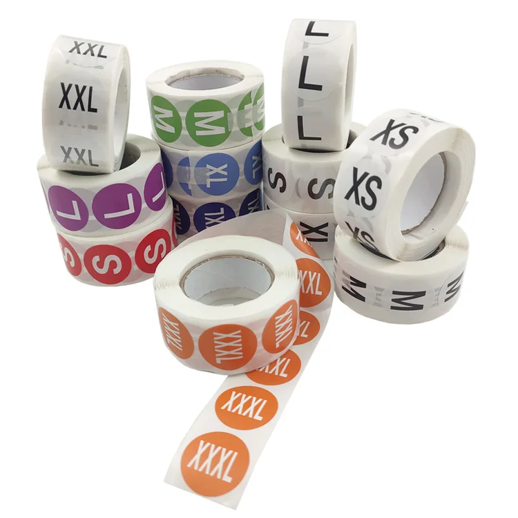 Custom Printed Round Adhesive Label Roll Clear Size Number Stickers XS S M L XL XXL XXXL for Clothes T-Shirts for Gifting