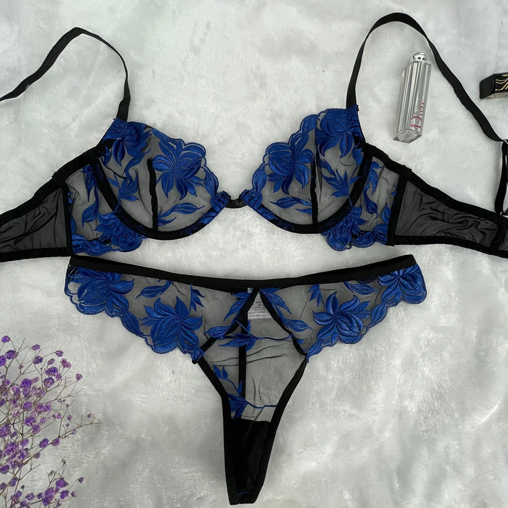 Girls lovely pretty embroidery blue floral sexy nighty underwear set for honeymoon
