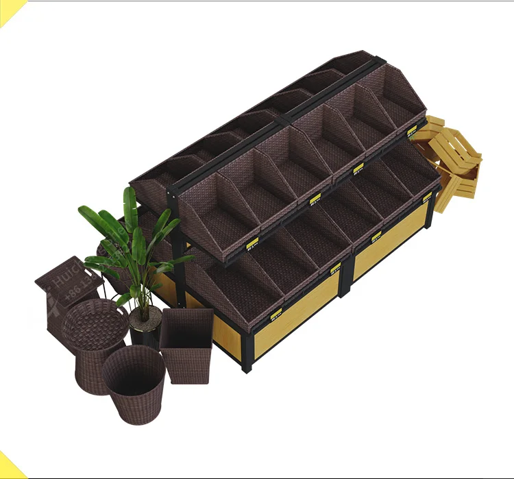 Customizable supermarket store display metal wooden fruit and vegetable stand rack and gondola shelf for sale