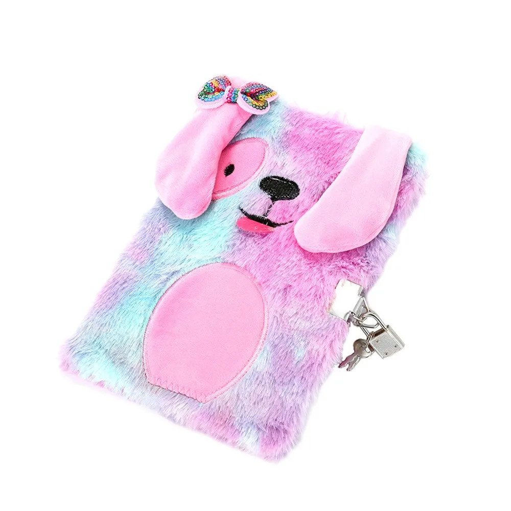 A5 Fluffy notebook Writing Plush Cover Notepad stationary cute Cartoon dog Girl school Supplies diary fancy notebooks with lock