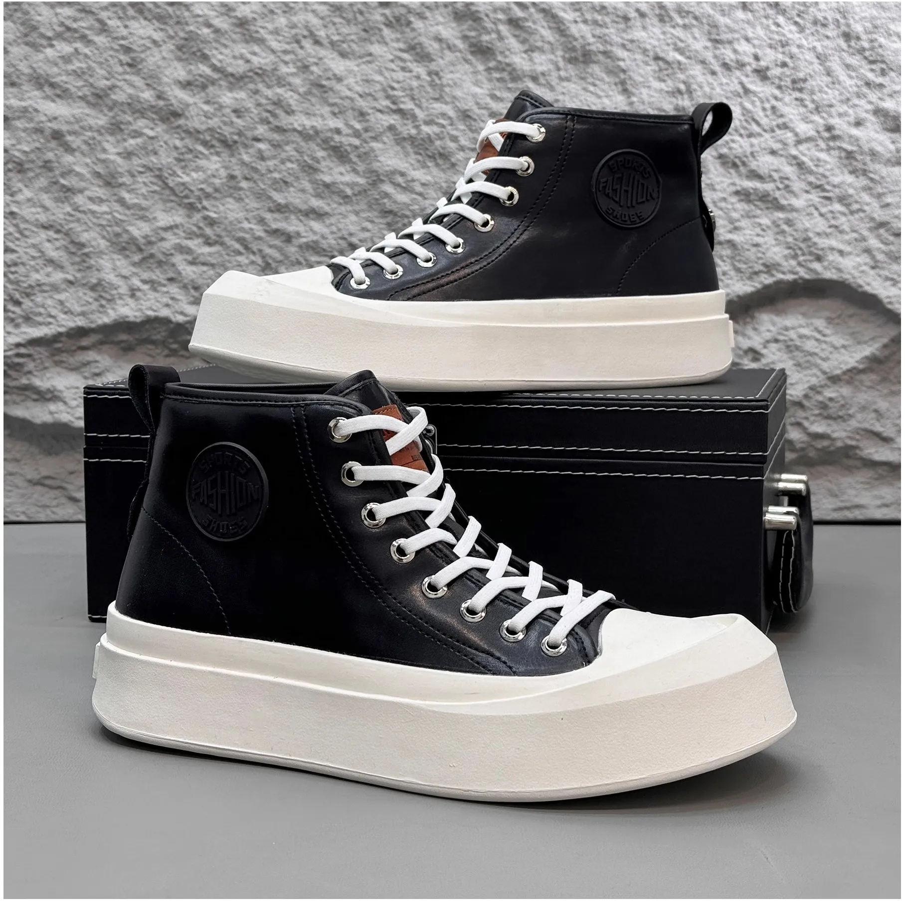 2025 New Black Leather Casual Shoes with Thick Sole, Increased Height, Anti slip and Wear-resistant, Casual Outdoor Single Shoes