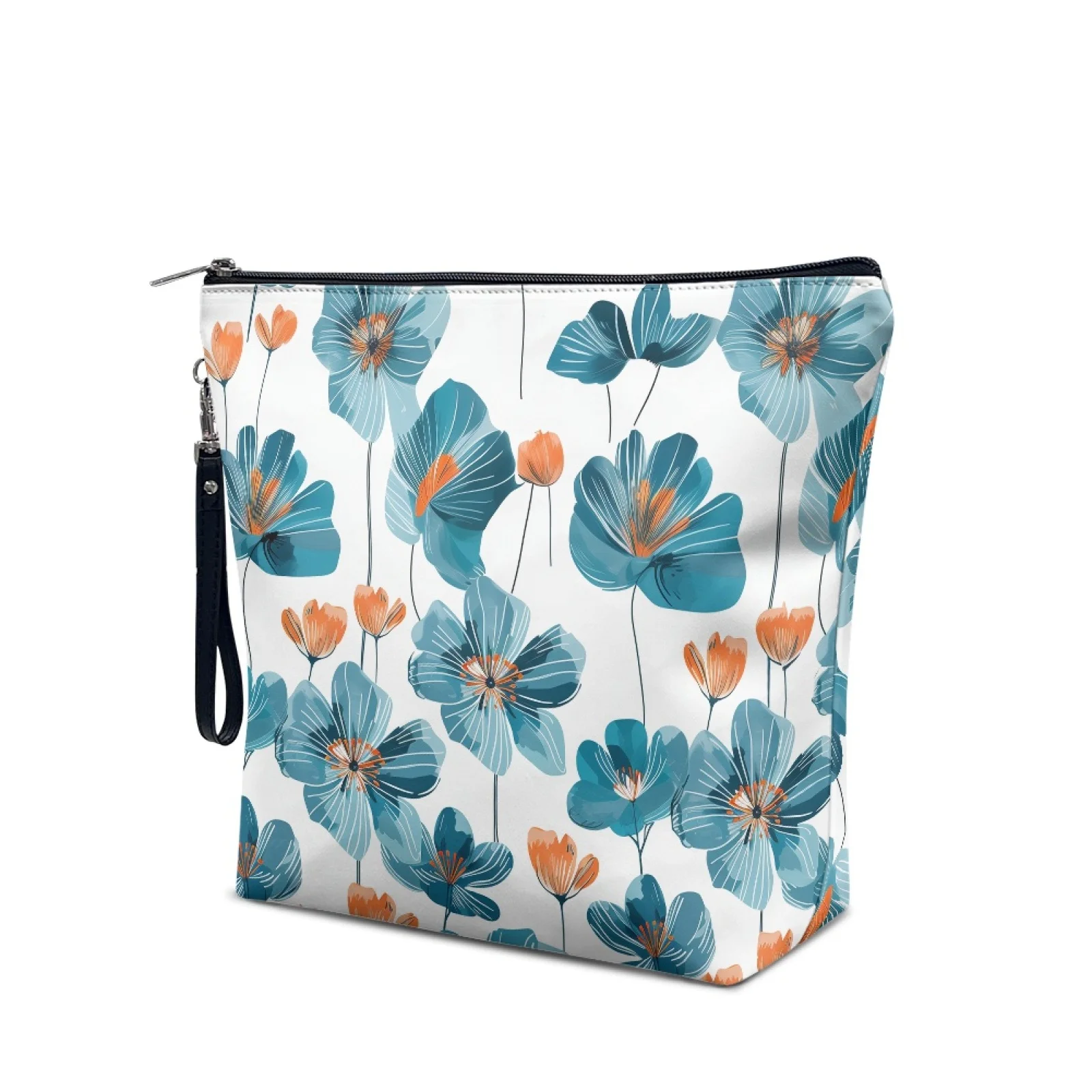 Hot Selling Flower Printed Waterproof Travel Toiletry Bag Large Capacity White Blue Floral Cosmetic Bag Leather Makeup Bag Pouch