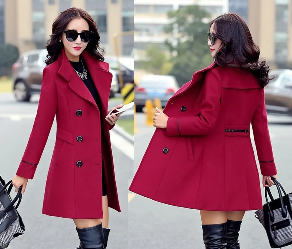 New Woolen Coat Women New Solid Color Wool Korean Black Red Beige Khaki Jacket