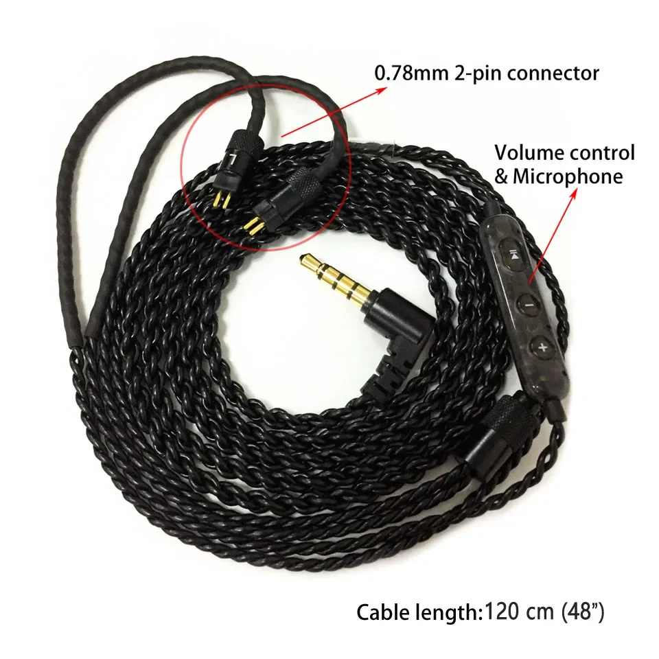 In-ear Monitor Cable With Mic Braided Replacement Earphone Cable Wire IEM Cable 0.78 mm 2 Pin Prong Connector