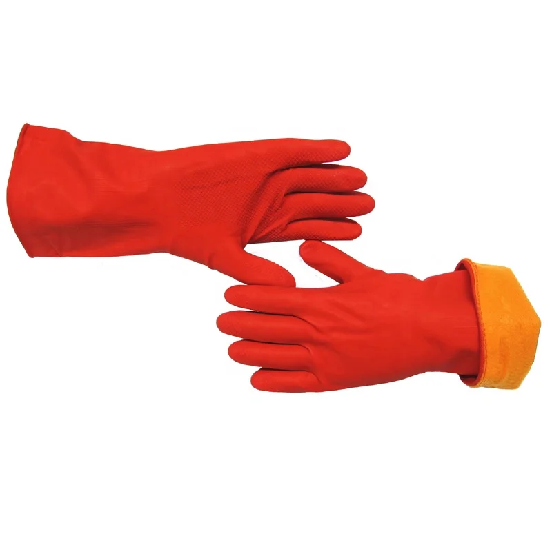 Custom Diamond Grip Roll Beaded Cuff Red Latex Household Glove Warm Flock Liner Winter Cleaning Gloves