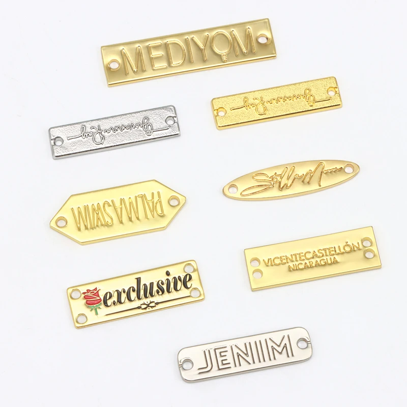 Custom Swimsuit Accessories Fancy Engraved Antique Brass Plating Alloy Sewing Metal Logo Labels for Swimwear for bag /clothing