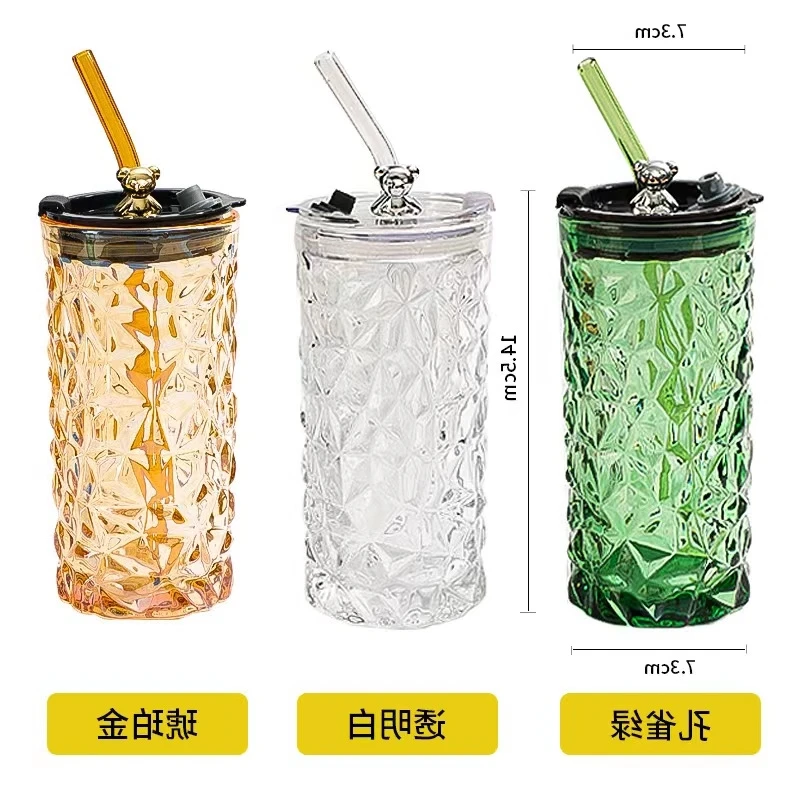 Bear series glasses with straw cups cute office milk to drink 400ml bottles