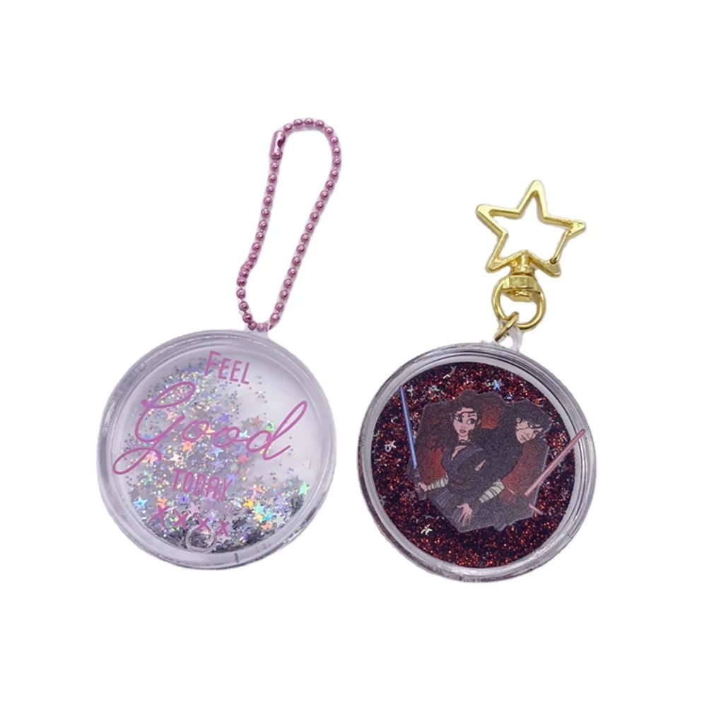 Acrylic souvenir art keychains with water oil inside keychain liquid hologram glitter keyring