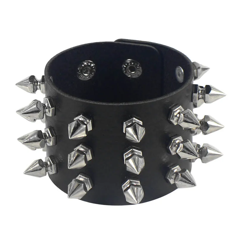 Fashion Hip Hop Three Row Taper Rivets Wristband Bangles PU Leather Personalized Cuff Wrap Punk Rock Gothic Bracelets