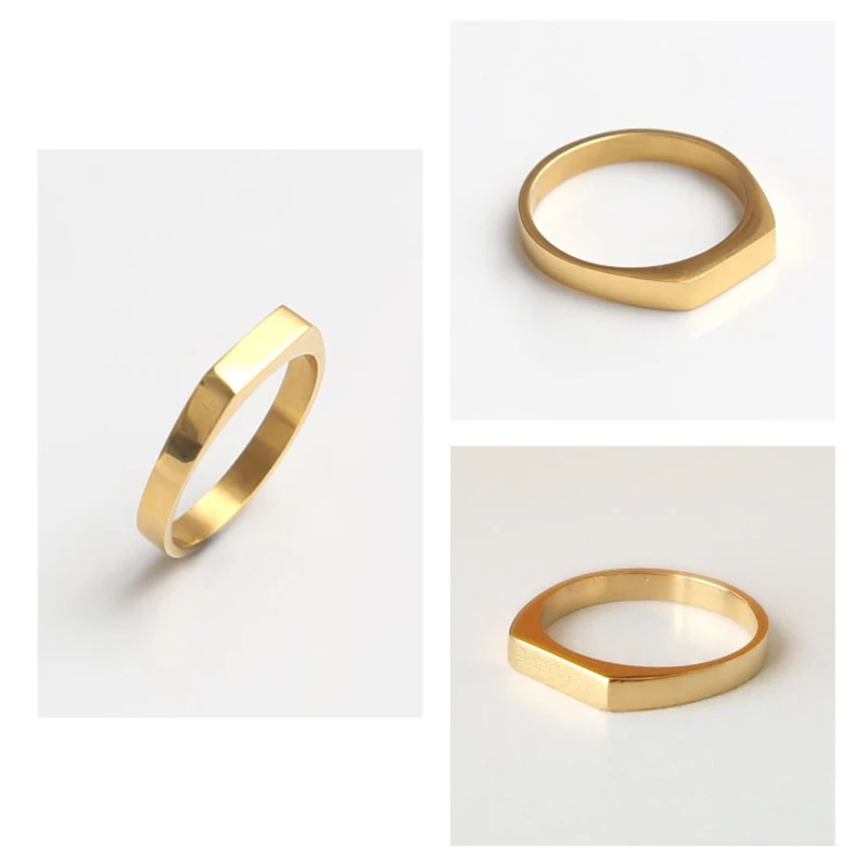 2 Designs Thin Square Stamp Finger Ring Matte Gold Plated Circle Geometric Rings Women Minimalist Stainless Steel Fine Jewellery