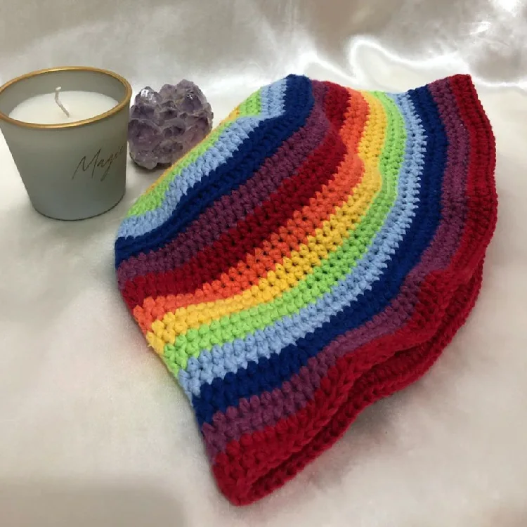 New Striped Rainbow Knitted Woolen Fishing Cap Autumn Winter Retro Ruffled Warm Bucket Hat