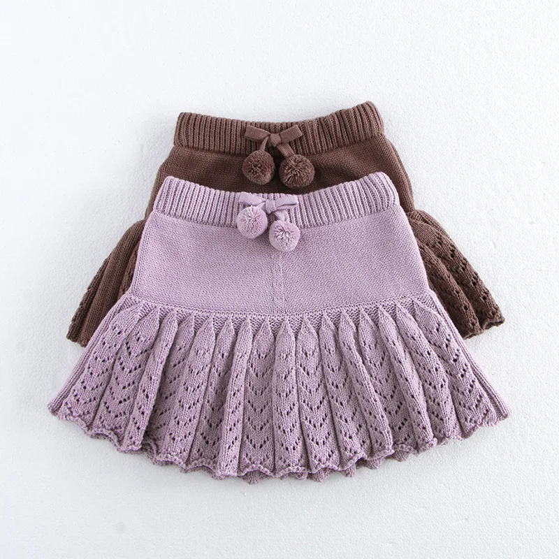 Kids Knit Skirts Aline 2024 Baby Girls Pleated Skirt with Underpants Knitwear School Uniforms Crochet Skort Toddler Short Skirt