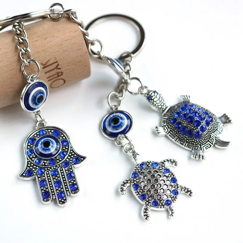 Cutie Lucky Eye Turtle Blue and Silver Key Ring Bling Crystal Keychain with Turkish Hanging Accessories Gift for Men & Women