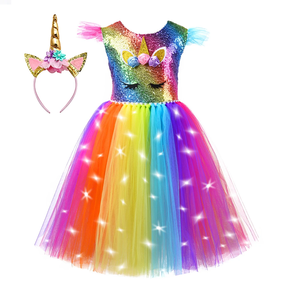 Beautiful Dresses For Girls Fly Sleeve Sequin Unicorn Birthday Led Light Glowing Little Princess Dresses With Headband