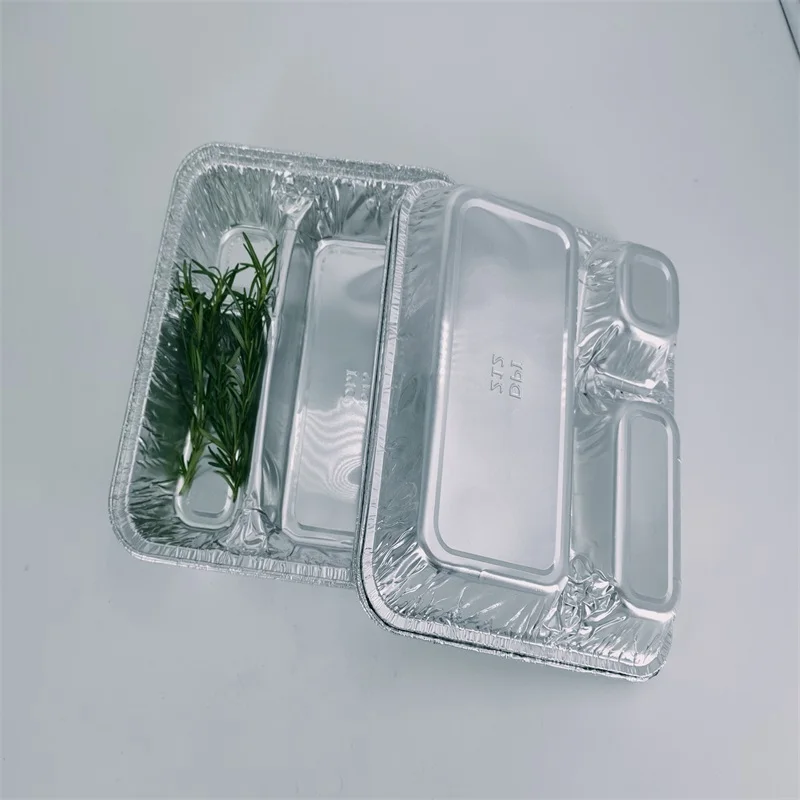 Hot sale three compartment grill serving trays aluminum foil lunch container/pans/plates with paper lid