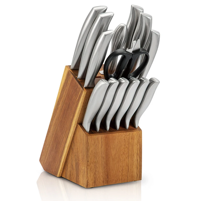 High Quality 15 Pcs Stainless Steel Kitchen Knives Set With Wooden Block for Cooking