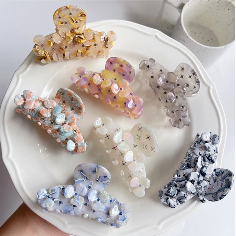 INS 7.5cm New French Vintage Flower Zircon Acetate Hair Clip Shark Grab Hairpin Fashion Hair Claw for Women Girls