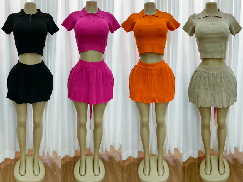 2024 New Knitted Clothing Streetwear 2 Piece Outfit Patchwork  Uniform Mini Pleated Two Piece Tennis Skirt and Top Set For women
