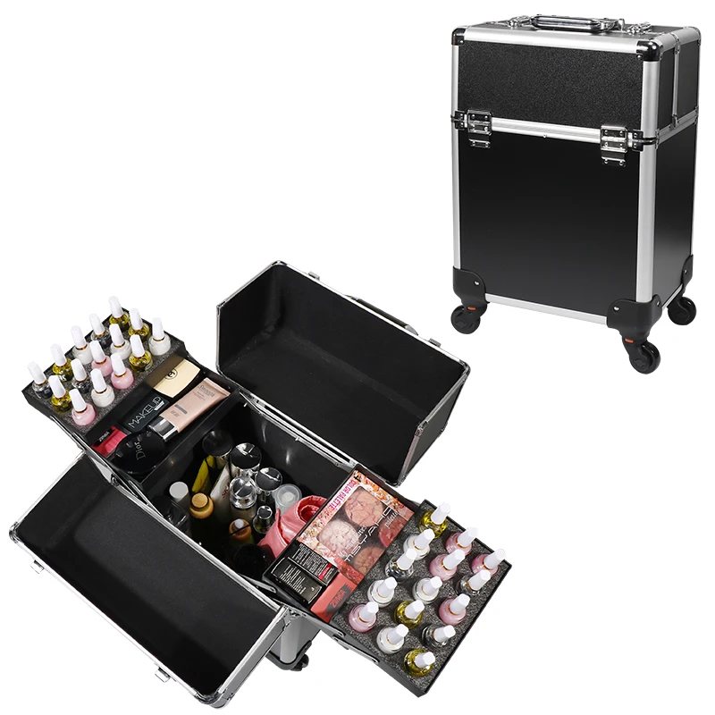 Professional Rolling Makeup Case Cosmetology Case With Wheels 2 Large Drawer Nail Trolley Case Traveling Cosmetic Box