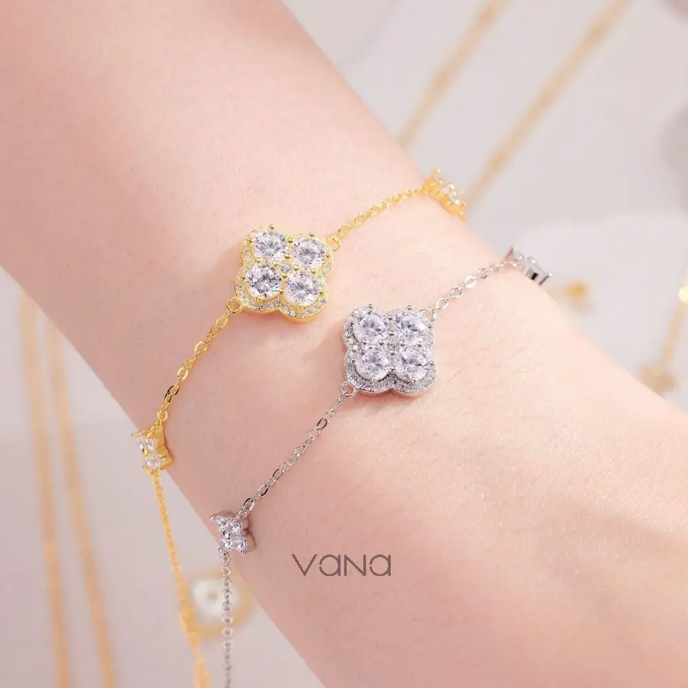 VANA 4 Leaf Clover Charm S925 Jewellery Bijoux 18k Gold Plated 925 Sterling Silver Clover Necklace Bracelet Earrings Jewelry Set