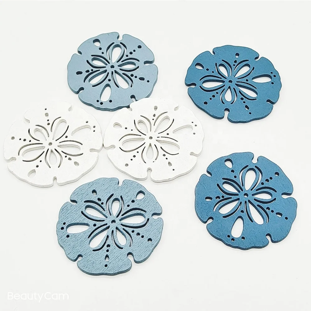 Custom Design Logo Ocean Series Decoration Laser Engrave Shells Starfish Blue Wooden Plywood Coaster For Drink Coffee Tea Cup