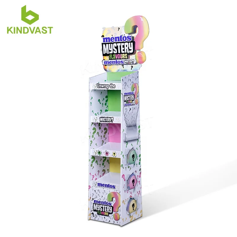 Template DIY Cardboard Standing Paper Corrugated Floor Display Shelves For Supermarket Commercial Chewing Gum Promotion Retail