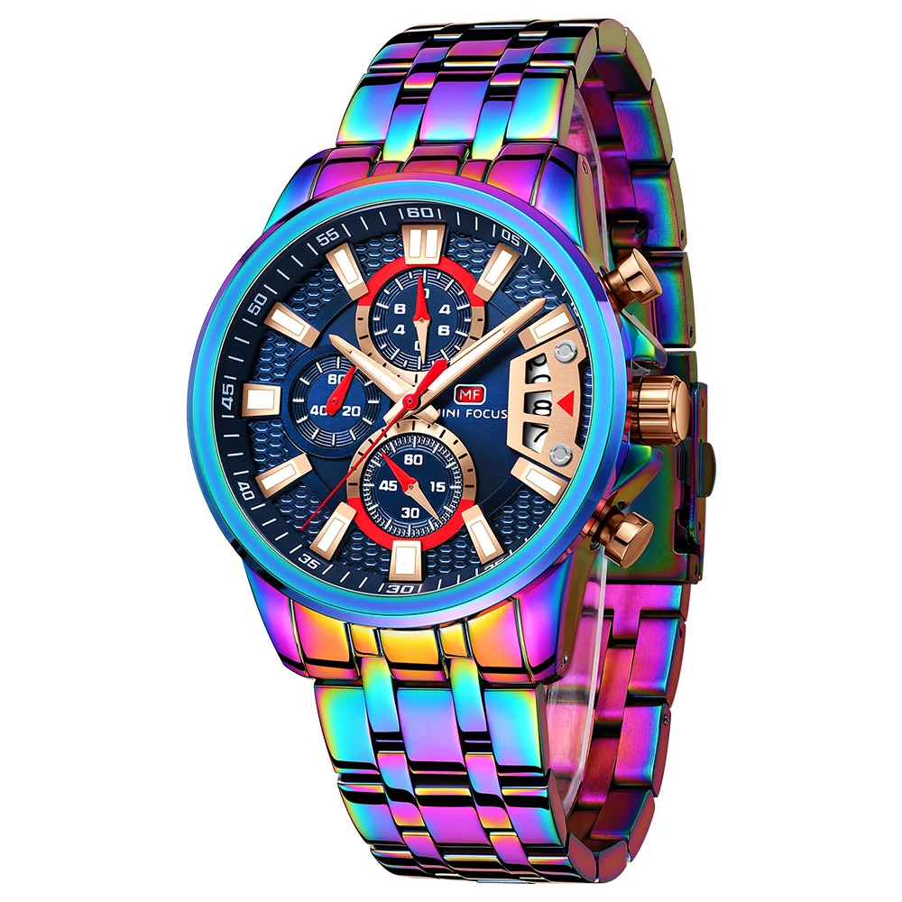 Relojes Hombre Mini Focus MF0352G Rainbow Color Fashion Men Wrist Watches Waterproof Chronograph Quartz Hip Hop Watch