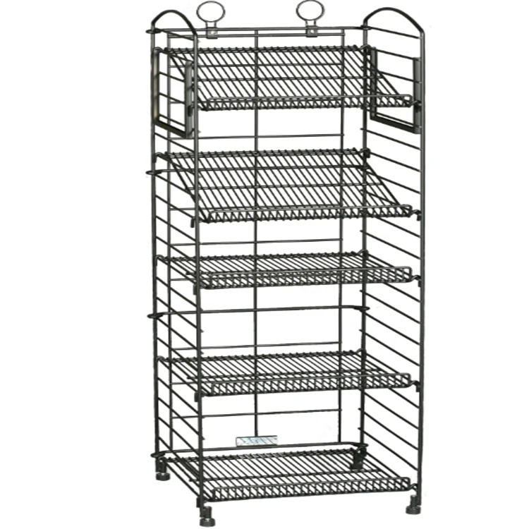 3-4 Tiers Snack Display Retail Shelf Wholesale Supermarket Black Metal Bread Wire Rack With Caster Whee