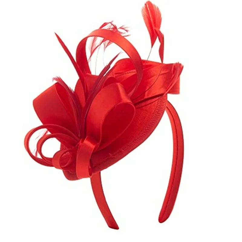 2024 Latest Design Hair Accessories Red Satin and Feather Mini Hat Fascinator Hairband Headband