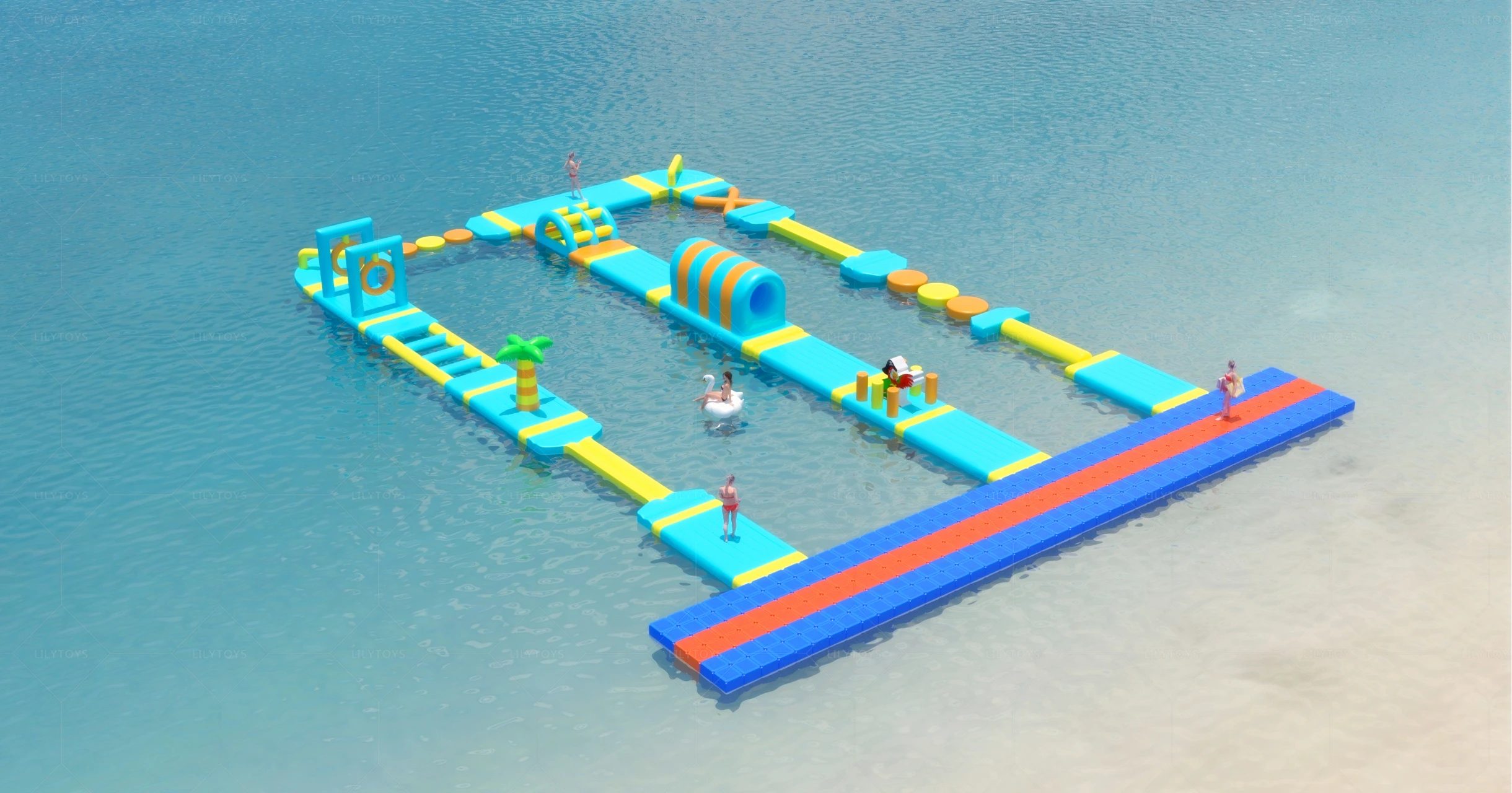 Inflatable Water Obstacle Course for Kids and Adults Featuring Floating Water Trampolines and Sport Games