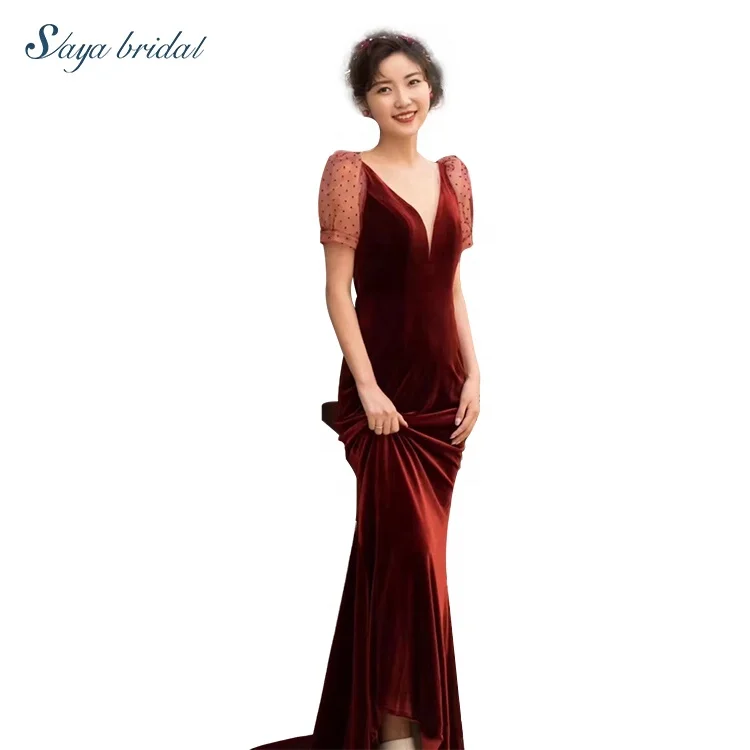 Luxury red Halter column short sleeves backless bridal maid wedding dress 2020