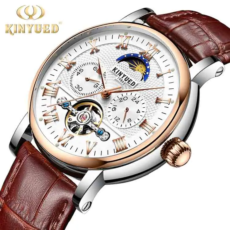 KINYUED Business Watch Men Automatic Clock Male Tourbillon Waterproof Top Brand Mechanical Watch Moon Calendar Relogio masculino