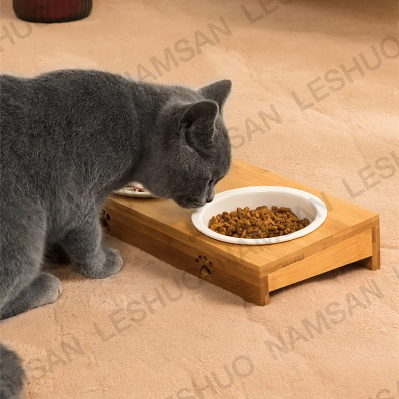 Ceramic Bowl Small Pet Dog Bamboo Wooden Bowl Elevated Stand Feeder Dining Table with White Double Cat Bowls