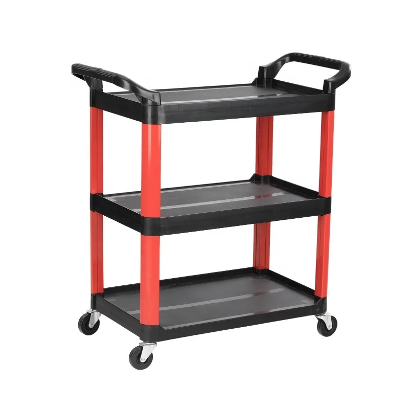 cheap small black 3-tier heavy duty metal frame movable design tility trolley cart with 4 wheels folding rack storage shelves