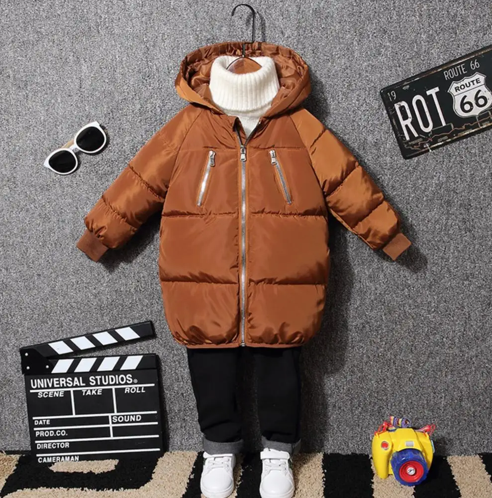 
kids thickened winter long coat with zippers pockets children casual clothes 