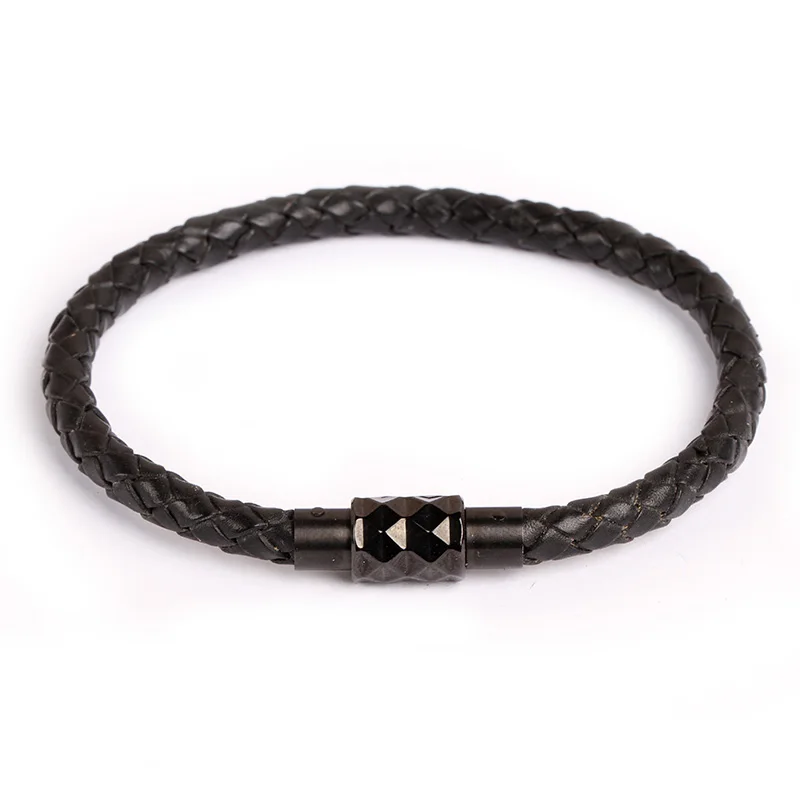 Classic style 6mm thin plain stainless steel braid black leather magnetic bracelets