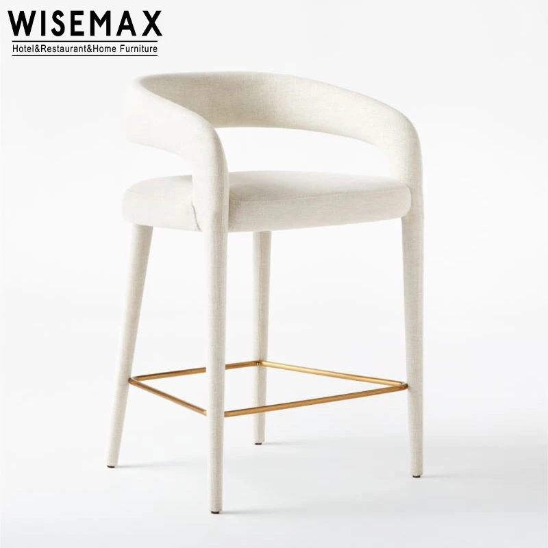 WISEMAX FURNITURE Luxury Hotel furniture solid wood frame linen fabric bar chair white high bar stool for hotel project